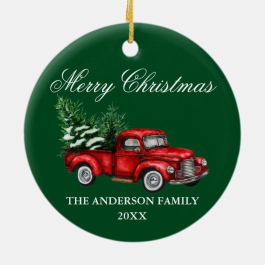 水色ヴィンテージレッドトラックグリーンクリスマス セラミックオーナメント (裏面)