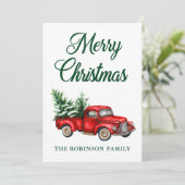 水色ヴィンテージレッドトラックグリーンメリークリスマス シーズンカード (スタンド正面)