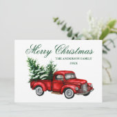 水色ヴィンテージレッドトラックグリーンメリークリスマス シーズンカード (スタンド正面)