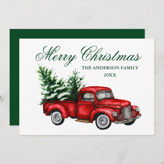 水色ヴィンテージレッドトラックグリーンメリークリスマス シーズンカード (正面/裏面)