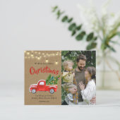 水色ヴィンテージレッドトラックツリーフォトホリデイP ポストカード (スタンド正面)