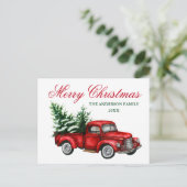 水色ヴィンテージレッドトラックツリーメリークリスマス ポストカード (スタンド正面)