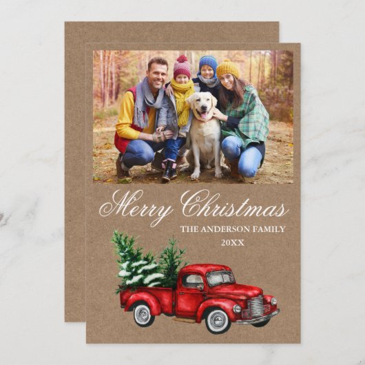 水色ヴィンテージレッドトラックフォトクラフトクリスマス シーズンカード (正面/裏面)