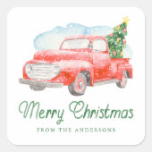 水色ヴィンテージレッドトラックメリークリスマス スクエアシール (正面)