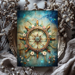 水色ヴィンテージ海事フローラ船の舵 薄葉紙