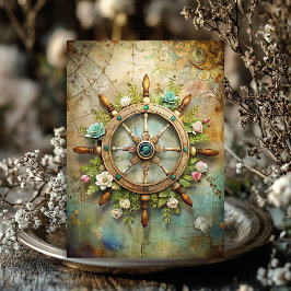 水色ヴィンテージ海事フローラ船の舵 薄葉紙