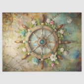 水色ヴィンテージ海事フローラ船の舵 薄葉紙 (正面)