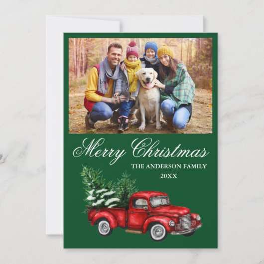 水色ヴィンテージ赤トラック写真クリスマスグリーン シーズンカード (正面)