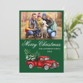 水色ヴィンテージ赤トラック写真クリスマスグリーン シーズンカード (スタンド正面)