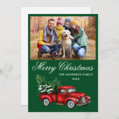 水色ヴィンテージ赤トラック写真クリスマスグリーン シーズンカード (正面/裏面)