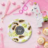 水色可食性エキゾチック果実モノグラム模様 ペーパープレート (パーティー)