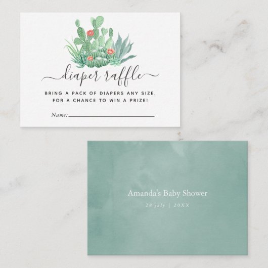 水色多肉乳児シャワーおむつラッフル エンクロージャーカード (正面/裏面)