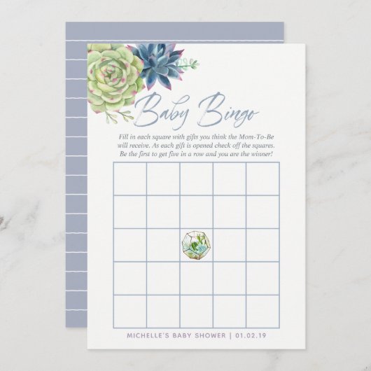 水色多肉乳児シャワーベビービンゴ 招待状 (正面/裏面)