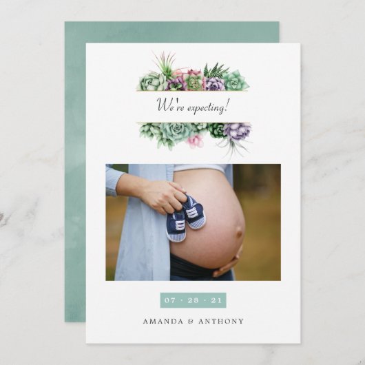 水色多肉乳類写真妊娠の発表 案内状 (正面/裏面)