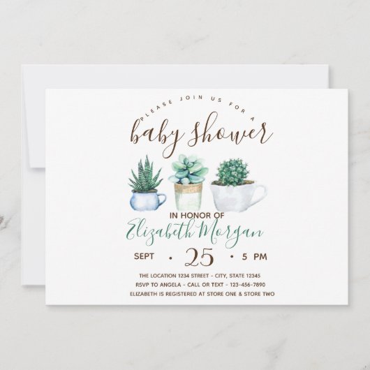 水色多肉性サボテンのドット赤ちゃんシャワー 招待状 (正面)