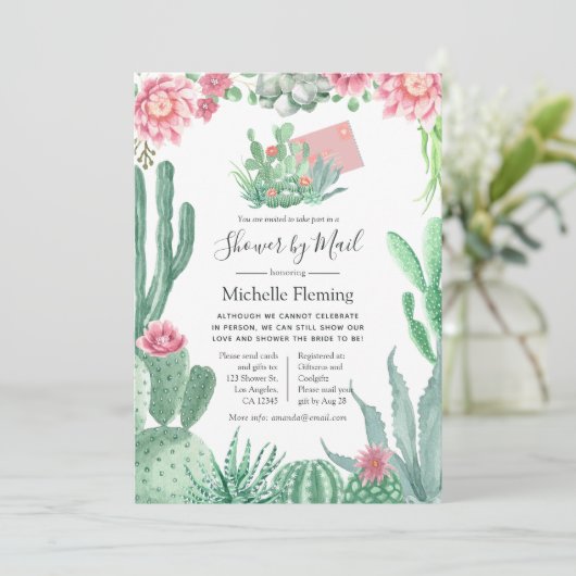 水色多肉性ベビー又はブライダルシャワーバイメール 招待状 (スタンド正面)
