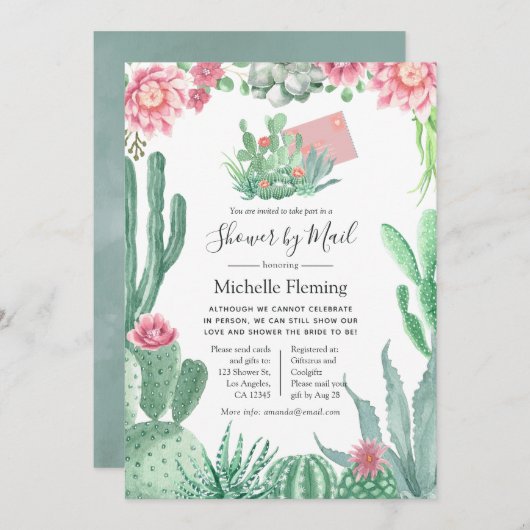 水色多肉性ベビー又はブライダルシャワーバイメール 招待状 (正面/裏面)