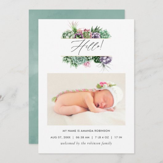 水色多肉性出産発表フォトカード 案内状 (正面/裏面)