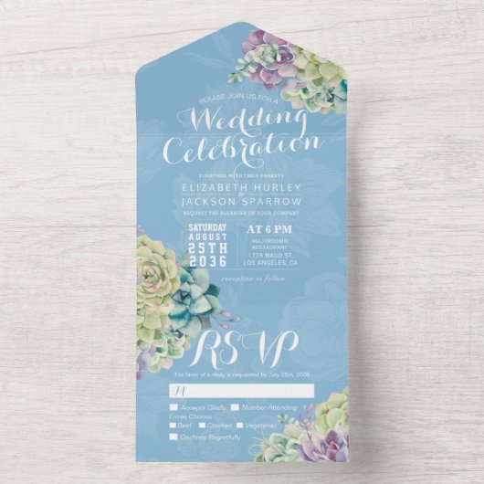 水色多肉植物ライトブルーウェディングRSVP オールインワン招待状 (内側)