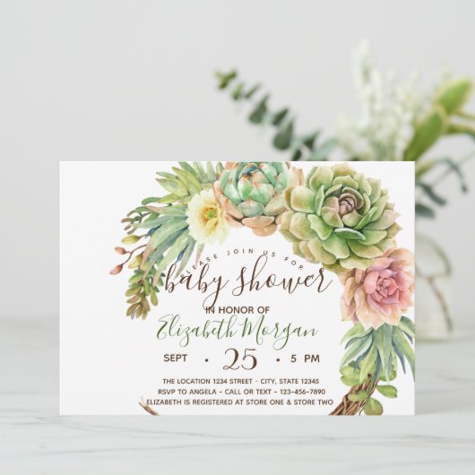 水色多肉植物、サボテン点赤ちゃんシャワー 招待状 (スタンド正面)