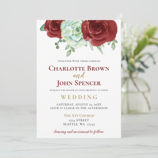 水色多肉質ブルゴーニュ金ゴールド結婚フローラ 招待状 (スタンド正面)