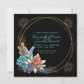 水色多肉質、ティール(緑がかった色)ブラック結婚ズ 招待状 (正面)