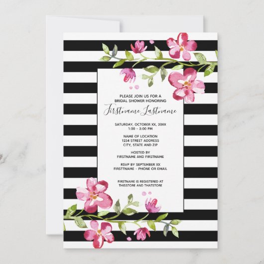 水色彩の鮮やか色の花ストライプブライダルシャワー 招待状 (正面)