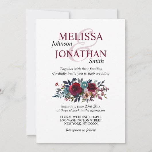 水色彩の鮮やか色フローラブルゴーニュ結婚ー 招待状 (正面)