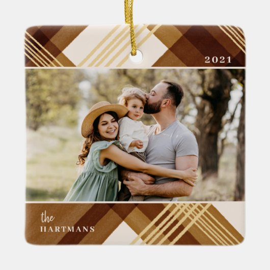 水色彩の鮮やか色琥珀の格子模様クリスマスフォト セラミックオーナメント (正面)