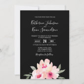 水色彩の鮮やか色赤面ピンクブラックフローラ結婚ズ 招待状 (正面)