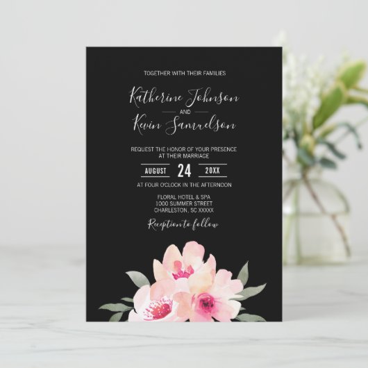水色彩の鮮やか色赤面ピンクブラックフローラ結婚ズ 招待状 (スタンド正面)