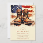 水色戦闘長靴愛国的軍隊卒業式 招待状 (正面)