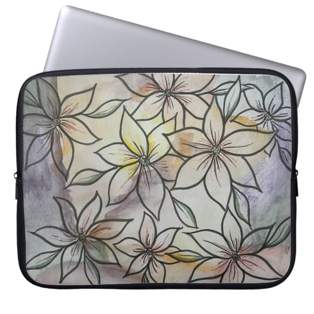 水色抽象芸術と黒いライニングフローラデザイン ラップトップスリーブ (正面)