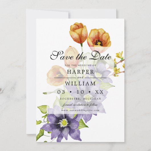 水色春の花は日付カードを保存 招待状 (正面)