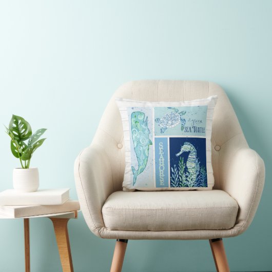 水色海ウミガメ海馬ホエールウッド クッション (椅子)