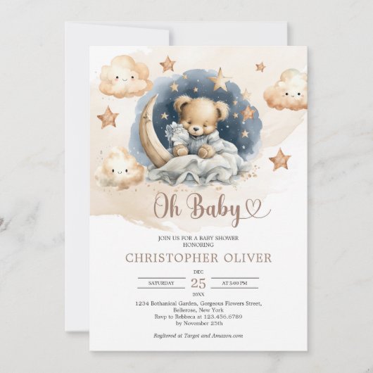 水色淡褐色の眠るテディベア 招待状 (正面)