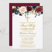 水色混合フローラファーストコミューニオンブルゴーニュ 招待状 (正面/裏面)