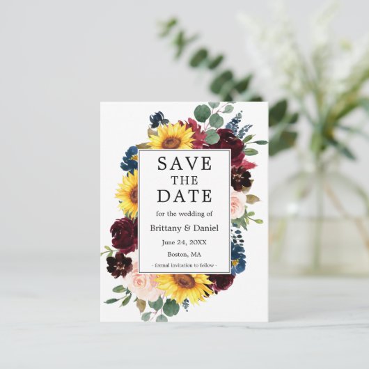 水色混合フローラフレーム日付の保存 案内ポストカード (スタンド正面)