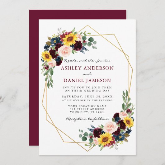 水色混合フローラブルゴーニュ結婚の幾何学的 招待状 (正面/裏面)