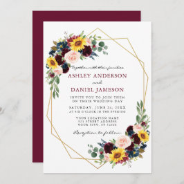 水色混合フローラブルゴーニュ結婚の幾何学的 招待状