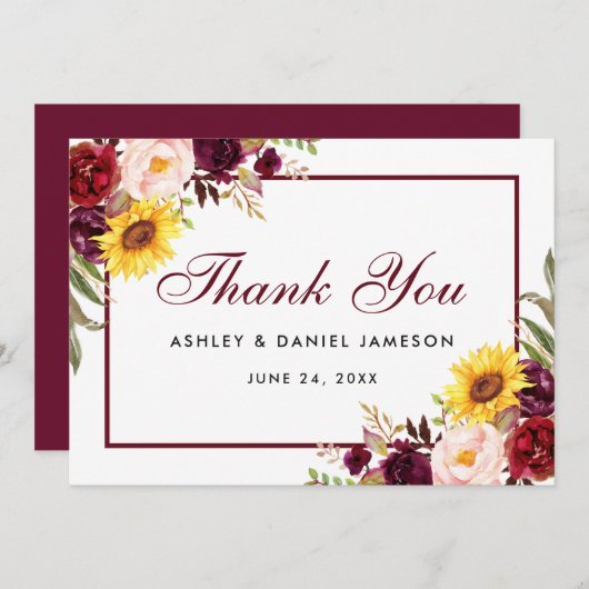 水色混合フローラブルゴーニュ結婚ーズ サンキューカード (正面/裏面)