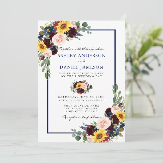 水色混合フローラ結婚の青い枠 招待状 (スタンド正面)