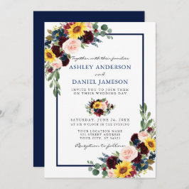 水色混合フローラ結婚の青い枠 招待状