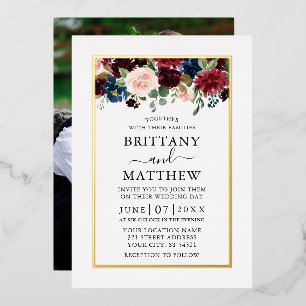 水色混合フローラ結婚写真金ゴールド 箔招待状