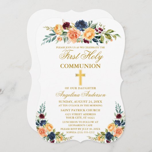水色混合フローラ金ゴールドファーストホーリーコミュニオン 招待状 (正面/裏面)