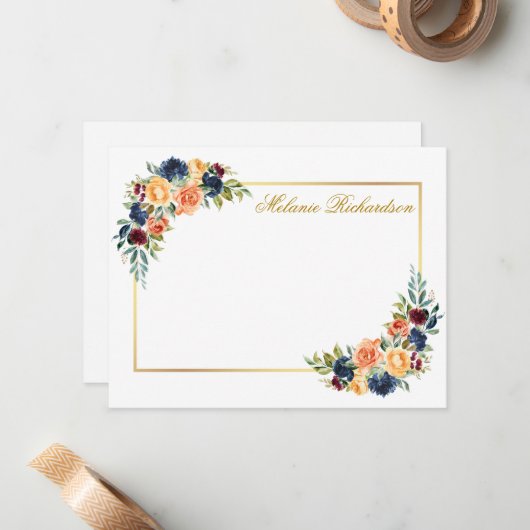 水色混合フローラ金ゴールドフレームパーソナライズされた ノートカード (正面/裏面インサイチュ)