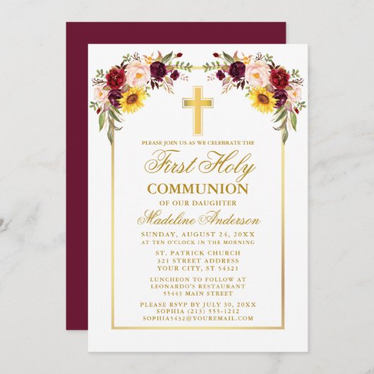 水色混合フローラ金ゴールド最初の通信 招待状 (正面/裏面)