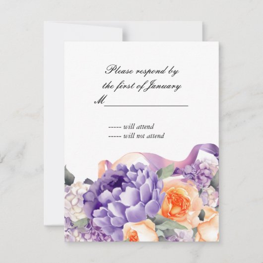 水色牡丹ほこりっぽいメイブピーチ返信カード 出欠カード (正面)