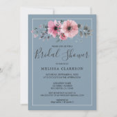 水色素朴の花ほこりっぽい青ブライダルシャワー 招待状 (正面)