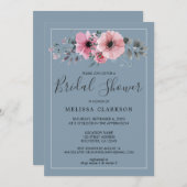 水色素朴の花ほこりっぽい青ブライダルシャワー 招待状 (正面/裏面)